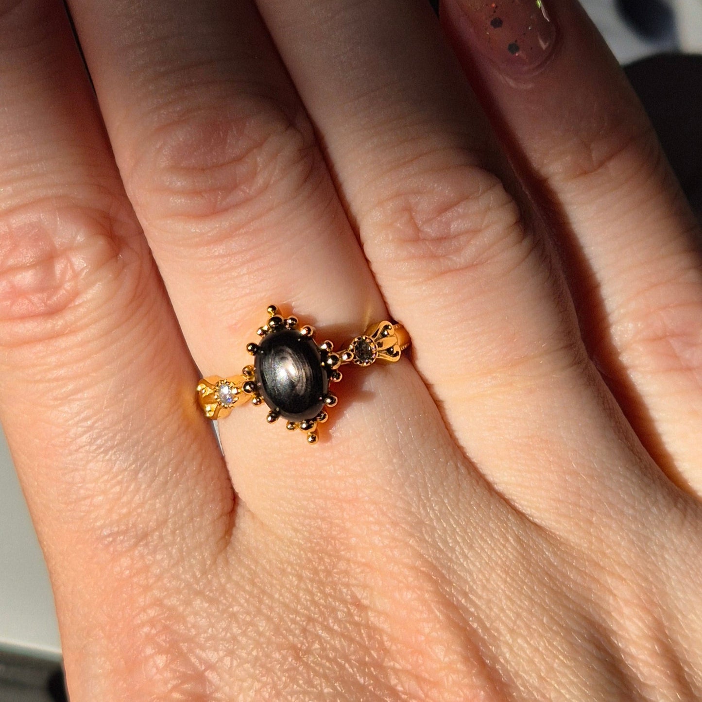 Hypersthene ring "Fems" goldplated 1