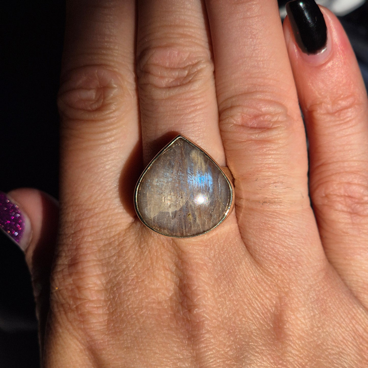 Grey moonstone / sunstone mix ring 2