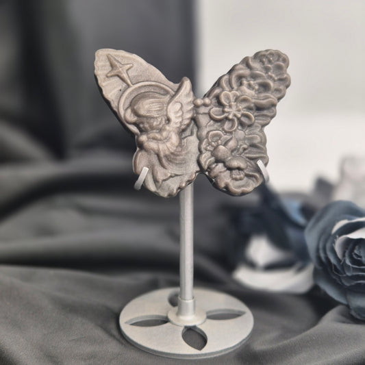 Silver sheen obsidian "butterfly" on stand 1