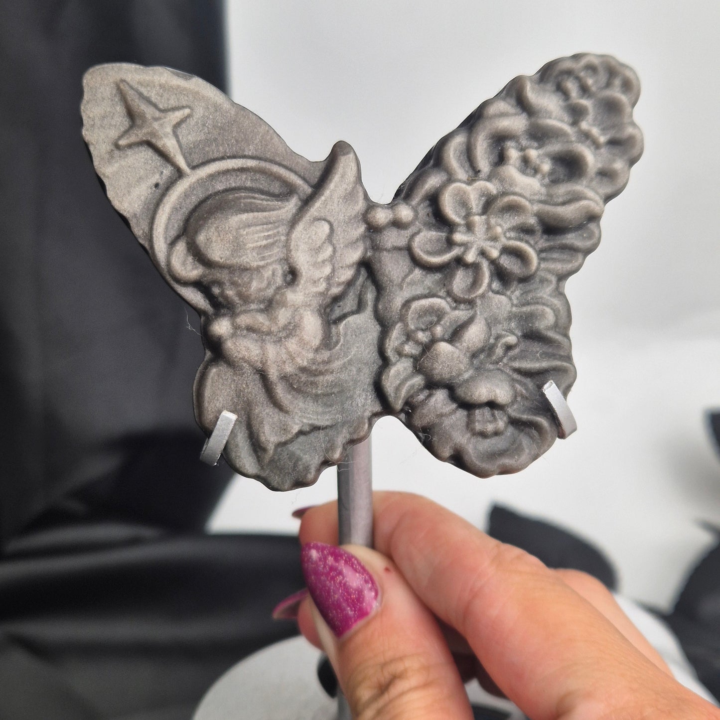 Silver sheen obsidian "butterfly" on stand 1