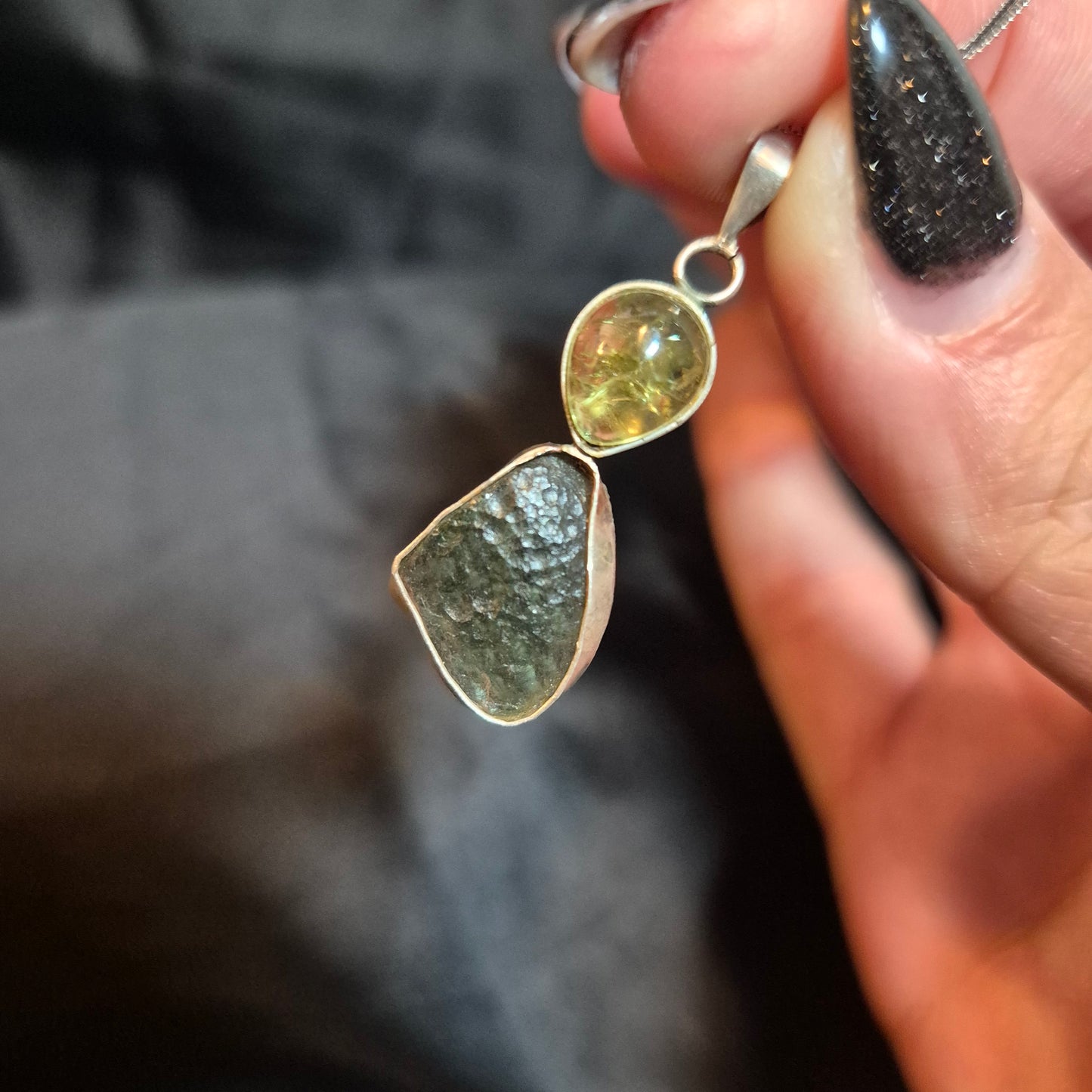 Moldavite / peridot necklace