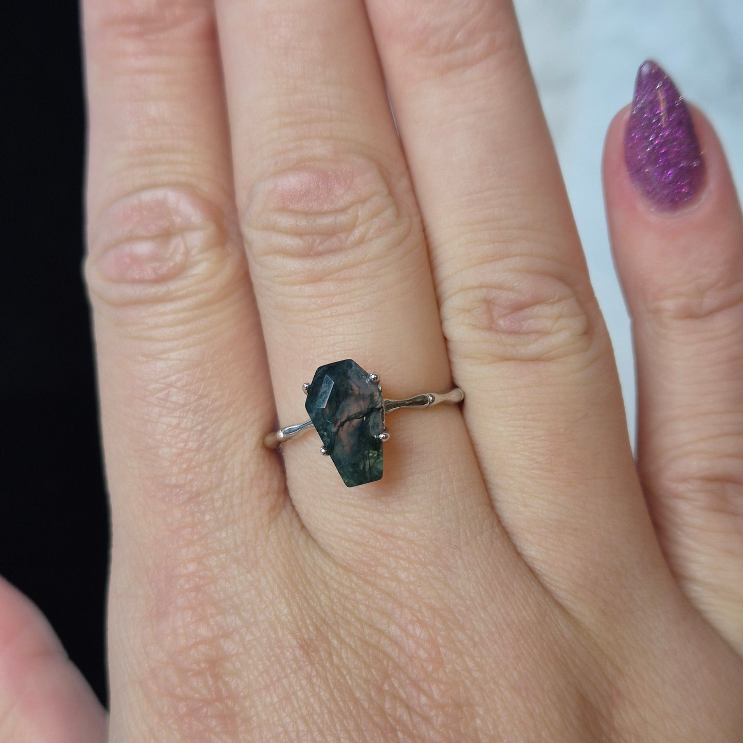 moss agate coffin ring